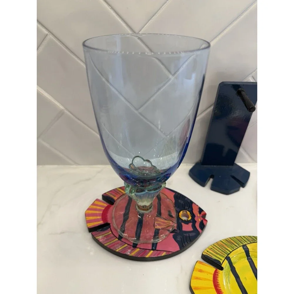 Hand Painted St. Lucia Fish Coaster Set w/ Wooden Fish Holder Caribbean Decor